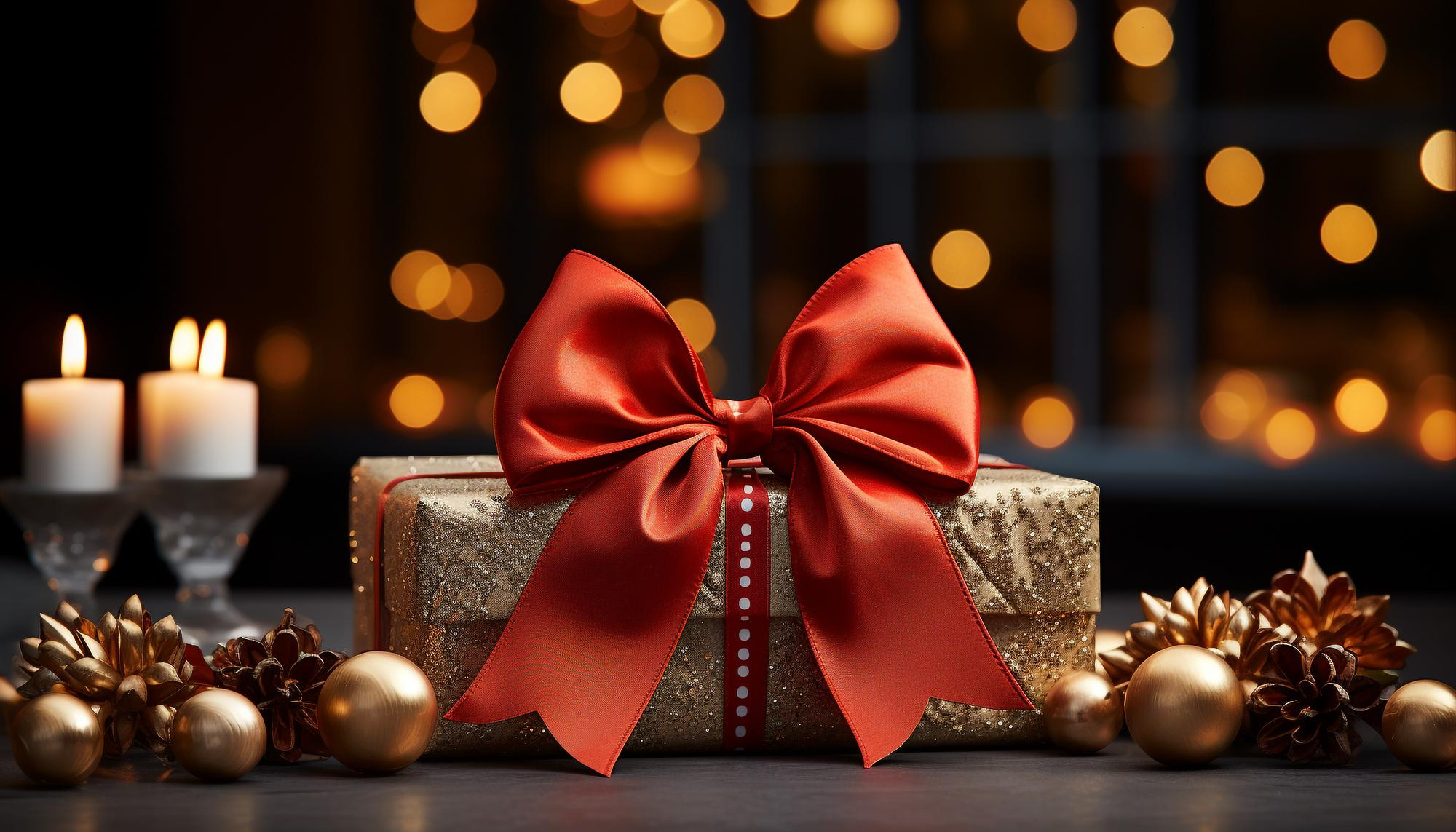 A gift box wrapped in a brown paper with a red ribbon on topof that.