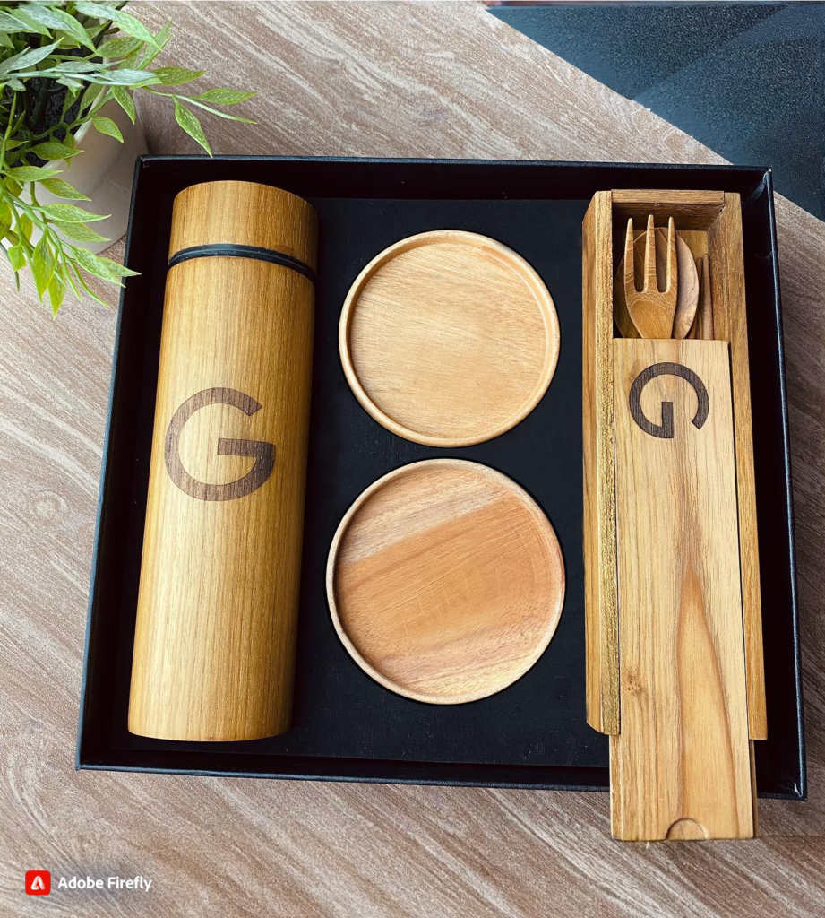 Eco-Friendly-gift-hamper with a google logo engraved on it.