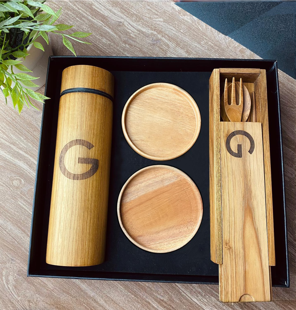 Eco-Friendly-gift-hamper with a google logo engraved on it.