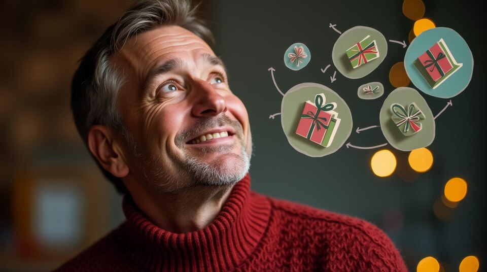 A man wearing a warm sweater looks up with a smile daydreaming about Christmas gifts while festive decorations create a cheerful atmosphere around him