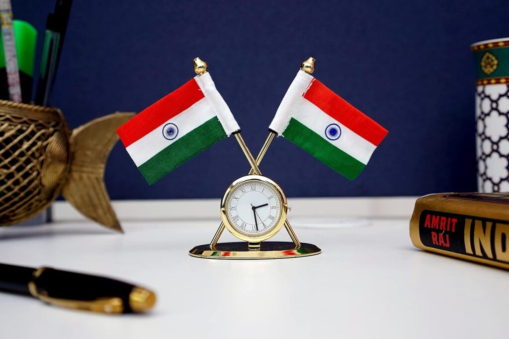 Indic Inspirations India Flag Cross with Desk Clock for Car Dashboard, Study Table, Office Table Comes with Brass Stand.