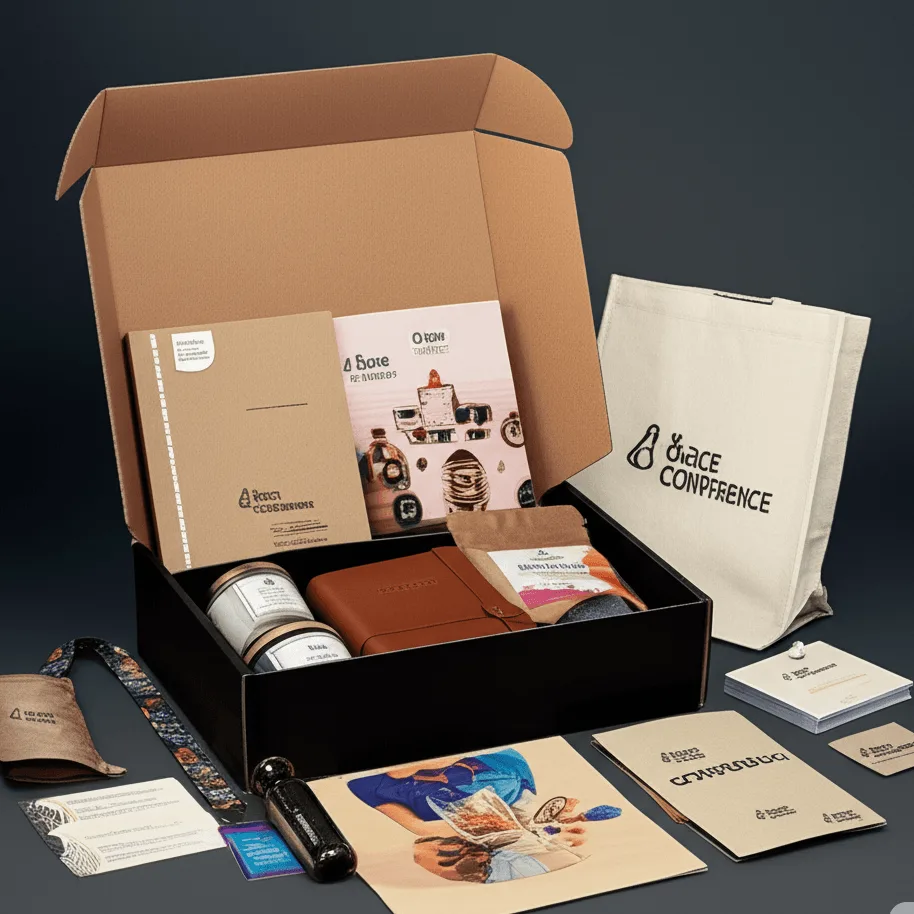 Conference & Event gift set box with tshirt and lanyard and bottle.